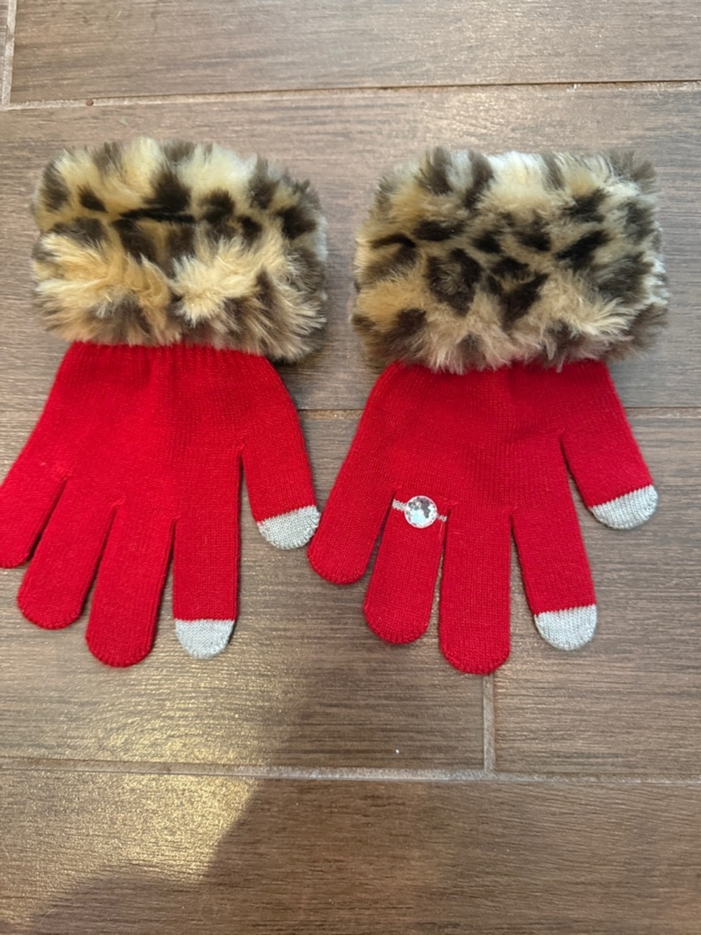 BRAND NEW Mud Pie Red Kids Gloves with Leopard Faux-Fur Cuffs